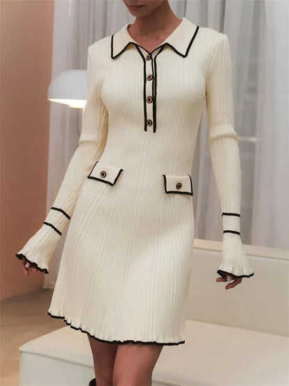 Lapel Contrast Mini Dress Ladies High Waist Autumn Ribbed Patchwork Long Sleeve Dress Fashion Elegant Ruffled Knit Dress
