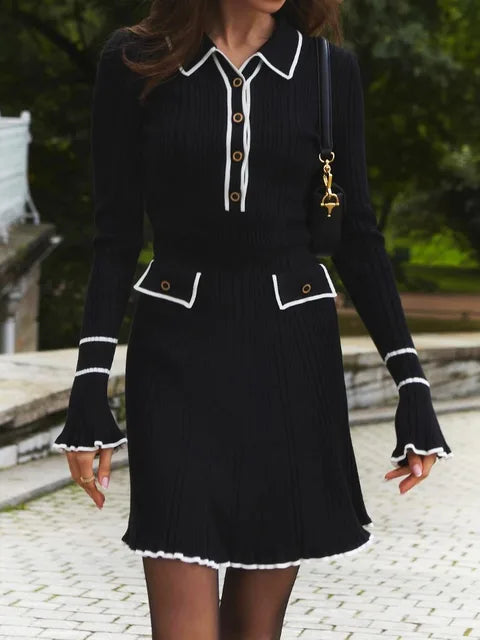 Lapel Contrast Mini Dress Ladies High Waist Autumn Ribbed Patchwork Long Sleeve Dress Fashion Elegant Ruffled Knit Dress
