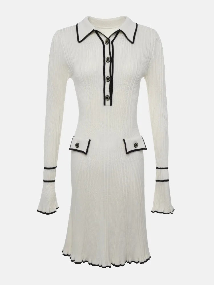 Lapel Contrast Mini Dress Ladies High Waist Autumn Ribbed Patchwork Long Sleeve Dress Fashion Elegant Ruffled Knit Dress