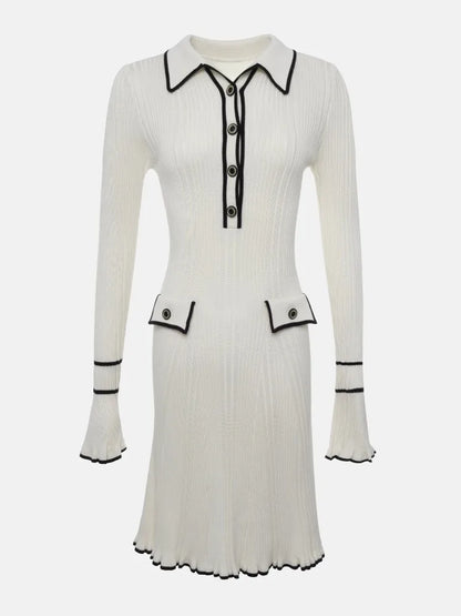 Lapel Contrast Mini Dress Ladies High Waist Autumn Ribbed Patchwork Long Sleeve Dress Fashion Elegant Ruffled Knit Dress