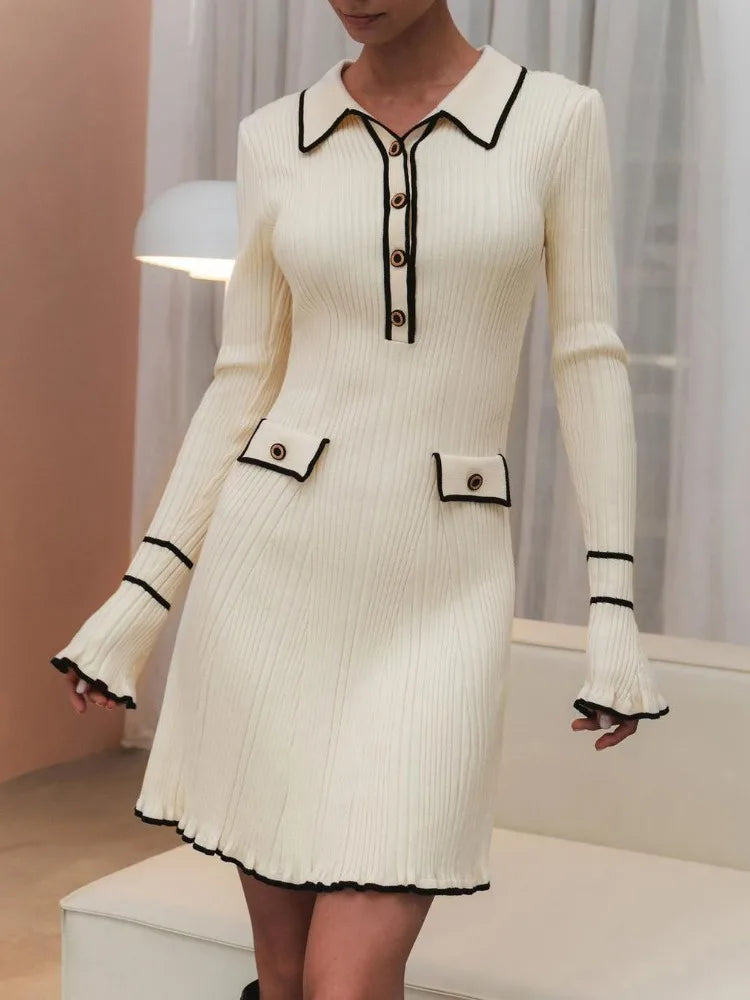 Lapel Contrast Mini Dress Ladies High Waist Autumn Ribbed Patchwork Long Sleeve Dress Fashion Elegant Ruffled Knit Dress