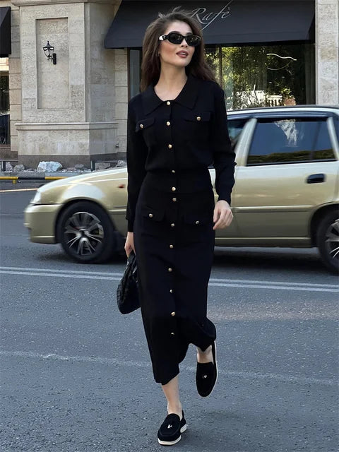 Conjunto de 2 piezas de punto con solapa y falda larga para mujer, moda de retazos, conjuntos ajustados de cintura alta, ropa de calle, conjuntos de falda larga de otoño para mujer