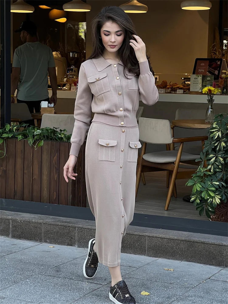 Conjunto de 2 piezas de punto con solapa y falda larga para mujer, moda de retazos, conjuntos ajustados de cintura alta, ropa de calle, conjuntos de falda larga de otoño para mujer