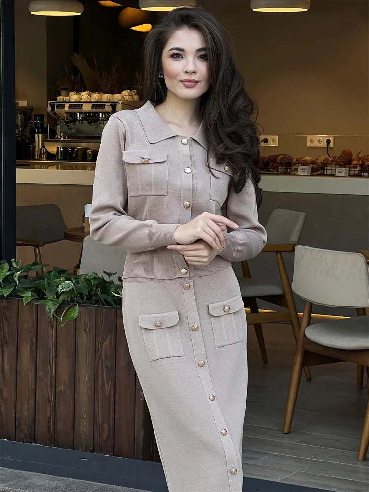 Conjunto de 2 piezas de punto con solapa y falda larga para mujer, moda de retazos, conjuntos ajustados de cintura alta, ropa de calle, conjuntos de falda larga de otoño para mujer