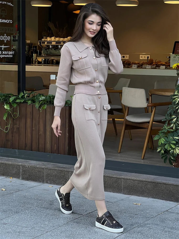 Conjunto de 2 piezas de punto con solapa y falda larga para mujer, moda de retazos, conjuntos ajustados de cintura alta, ropa de calle, conjuntos de falda larga de otoño para mujer