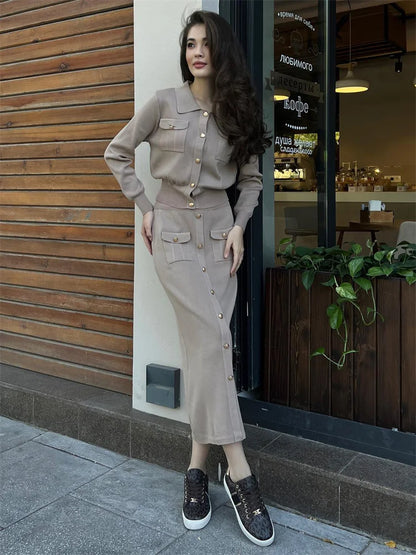 Conjunto de 2 piezas de punto con solapa y falda larga para mujer, moda de retazos, conjuntos ajustados de cintura alta, ropa de calle, conjuntos de falda larga de otoño para mujer