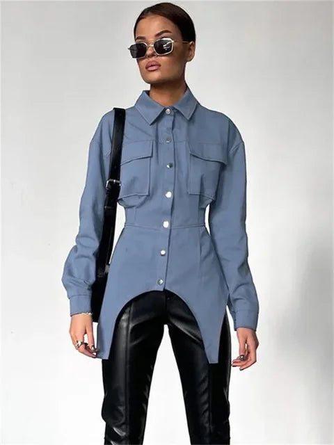 Lapel Patchwork Fashion Shirts For Women Slim Long Sleeve Pocket High Waist Autumn 2025 Cardigan Vintage Shirts Streetwear