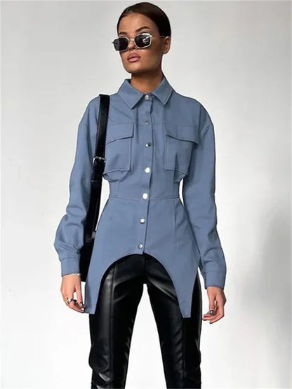 Lapel Patchwork Fashion Shirts For Women Slim Long Sleeve Pocket High Waist Autumn 2025 Cardigan Vintage Shirts Streetwear
