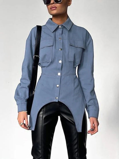 Lapel Patchwork Fashion Shirts For Women Slim Long Sleeve Pocket High Waist Autumn 2025 Cardigan Vintage Shirts Streetwear