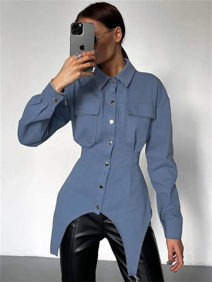 Lapel Patchwork Fashion Shirts For Women Slim Long Sleeve Pocket High Waist Autumn 2025 Cardigan Vintage Shirts Streetwear
