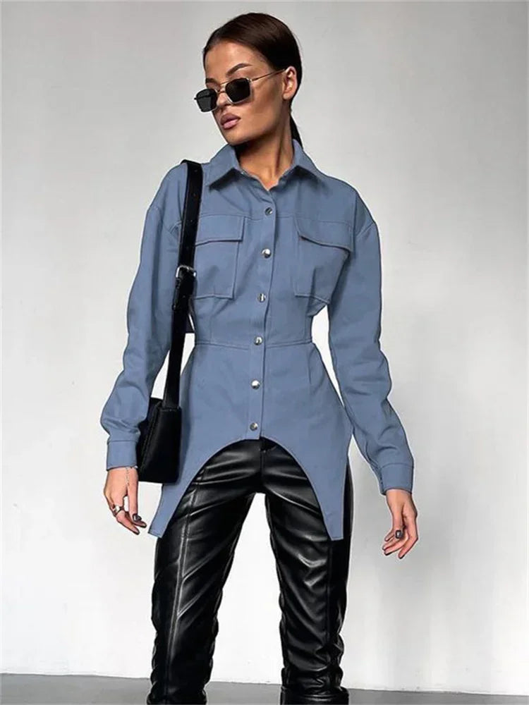 Lapel Patchwork Fashion Shirts For Women Slim Long Sleeve Pocket High Waist Autumn 2025 Cardigan Vintage Shirts Streetwear