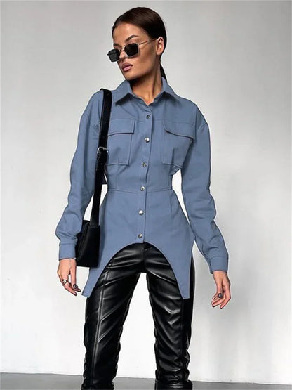 Lapel Patchwork Fashion Shirts For Women Slim Long Sleeve Pocket High Waist Autumn 2025 Cardigan Vintage Shirts Streetwear