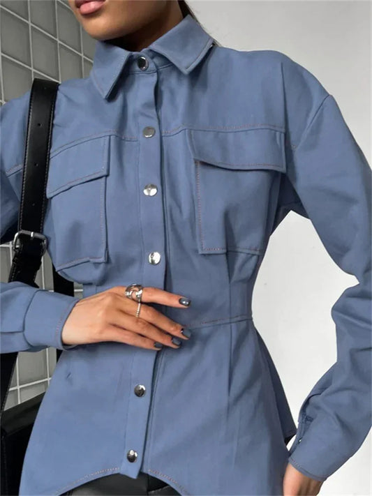 Camisas de moda con solapa y patchwork para mujer, cárdigan de manga larga ajustado con bolsillo y cintura alta, camisas vintage de otoño 2025, ropa de calle