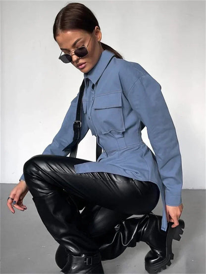 Lapel Patchwork Fashion Shirts For Women Slim Long Sleeve Pocket High Waist Autumn 2025 Cardigan Vintage Shirts Streetwear