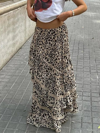 Falda larga con estampado de leopardo para mujer, con volantes y patchwork, moda de verano 2025, cintura alta, estilo vendaje, para fiestas, falda larga para mujer