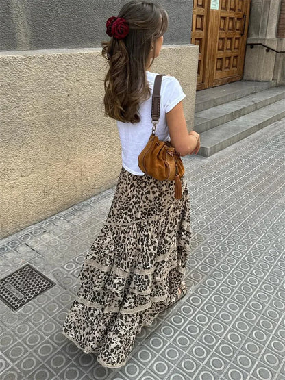 Falda larga con estampado de leopardo para mujer, con volantes y patchwork, moda de verano 2025, cintura alta, estilo vendaje, para fiestas, falda larga para mujer