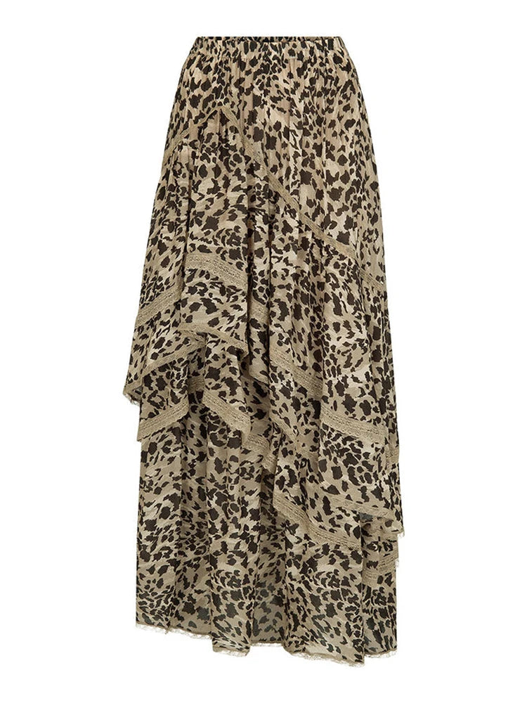 Falda larga con estampado de leopardo para mujer, con volantes y patchwork, moda de verano 2025, cintura alta, estilo vendaje, para fiestas, falda larga para mujer