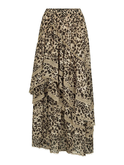 Falda larga con estampado de leopardo para mujer, con volantes y patchwork, moda de verano 2025, cintura alta, estilo vendaje, para fiestas, falda larga para mujer