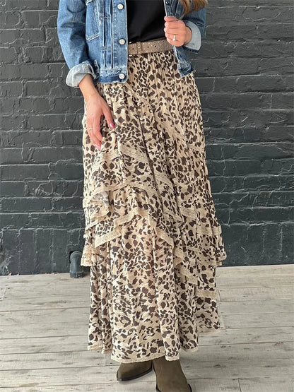 Falda larga con estampado de leopardo para mujer, con volantes y patchwork, moda de verano 2025, cintura alta, estilo vendaje, para fiestas, falda larga para mujer