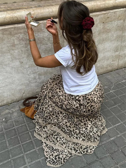 Falda larga con estampado de leopardo para mujer, con volantes y patchwork, moda de verano 2025, cintura alta, estilo vendaje, para fiestas, falda larga para mujer