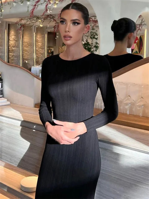 Vestido maxi de punto ajustado de manga larga para mujer, cintura alta, informal, elegante, para fiesta, ajustado, de verano, 2025