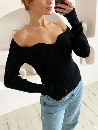 Suéter de manga larga para mujer, otoño 2025, tejido acanalado, informal, con hombros descubiertos, color negro