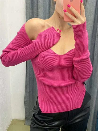 Suéter de manga larga para mujer, otoño 2025, tejido acanalado, informal, con hombros descubiertos, color negro
