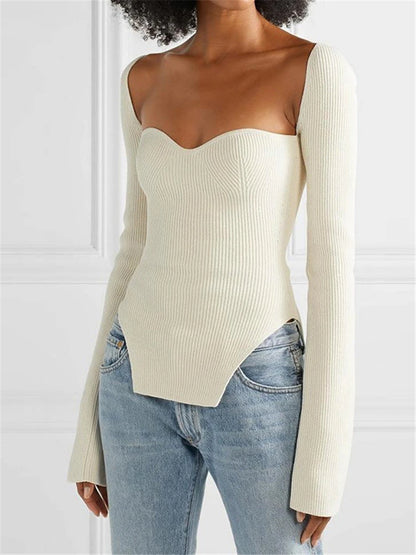 Suéter de manga larga para mujer, otoño 2025, tejido acanalado, informal, con hombros descubiertos, color negro
