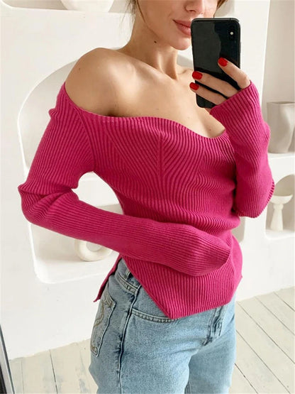 Suéter de manga larga para mujer, otoño 2025, tejido acanalado, informal, con hombros descubiertos, color negro