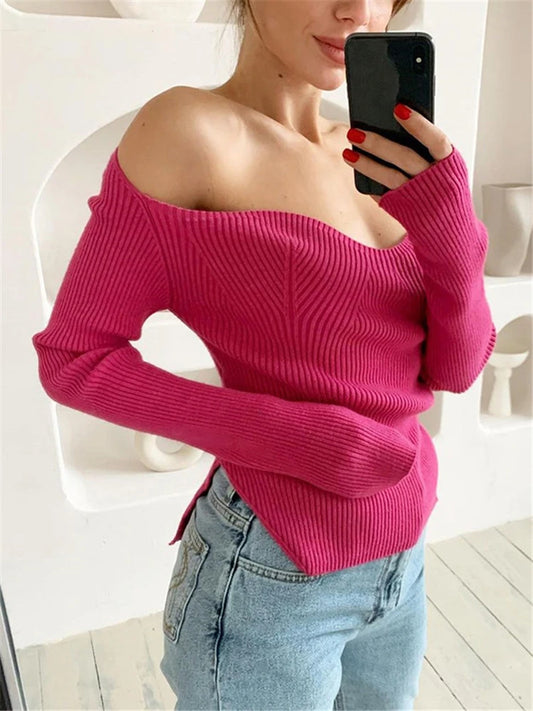 Suéter de manga larga para mujer, otoño 2025, tejido acanalado, informal, con hombros descubiertos, color negro