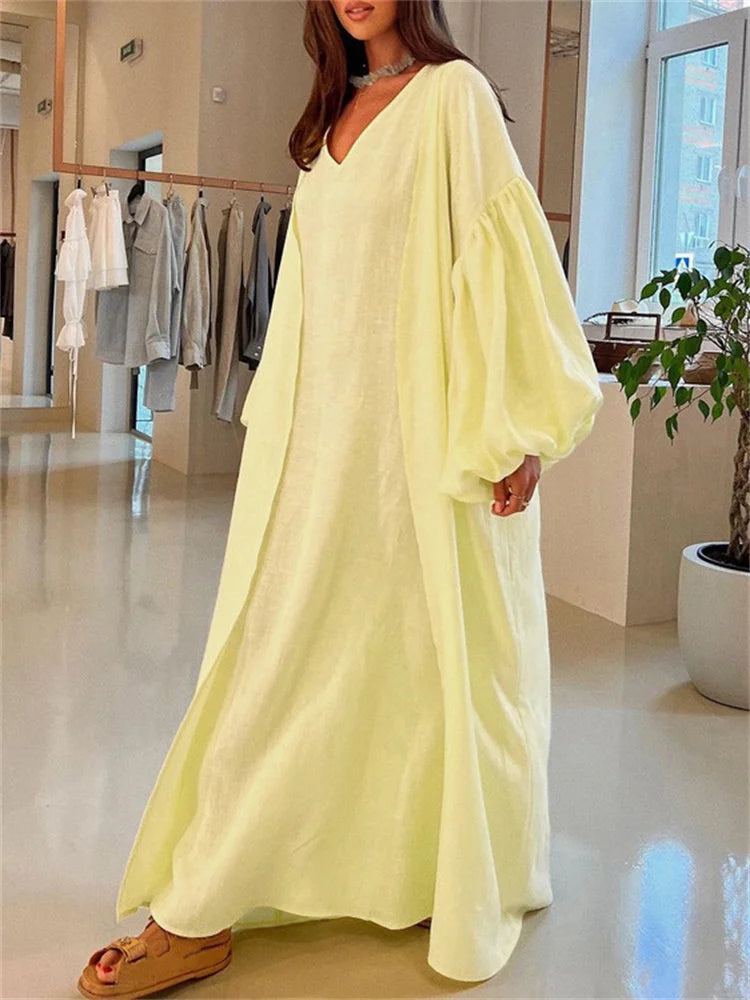 Loose 2 Piece-Set Long Dress Cover up Clothes For Women Casual V-Neck Solid High Waist Beach Holiday Maxi Dress Outfits