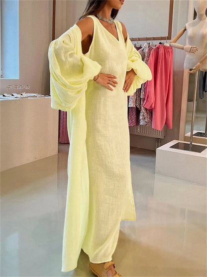 Loose 2 Piece-Set Long Dress Cover up Clothes For Women Casual V-Neck Solid High Waist Beach Holiday Maxi Dress Outfits