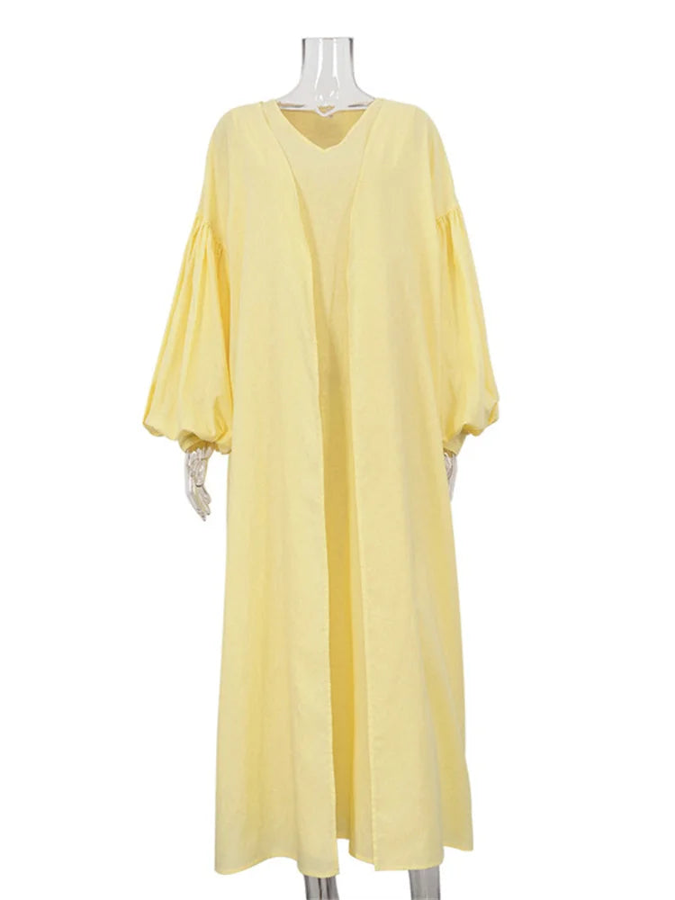 Loose 2 Piece-Set Long Dress Cover up Clothes For Women Casual V-Neck Solid High Waist Beach Holiday Maxi Dress Outfits