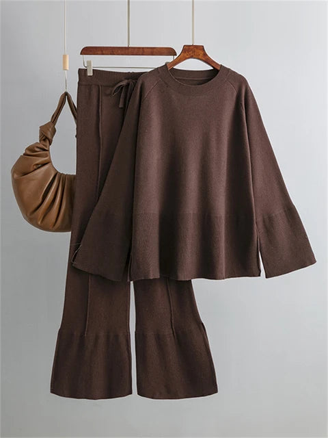 Losse Casual Ladies Two Piece Sets Knitwear Oversized Sweater And Flared Pants Sets Women Knit Tracksuit Sweater Outfits
