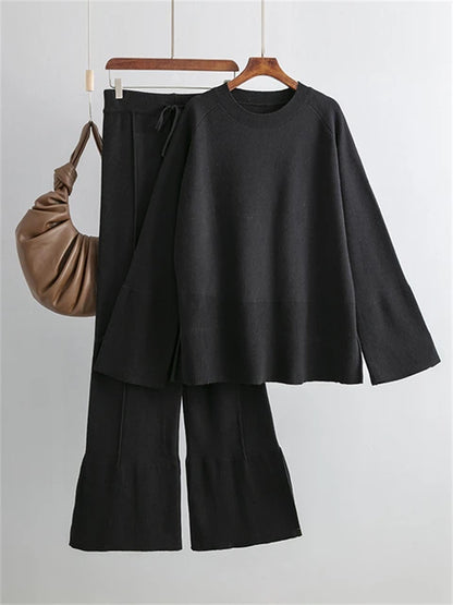Losse Casual Ladies Two Piece Sets Knitwear Oversized Sweater And Flared Pants Sets Women Knit Tracksuit Sweater Outfits