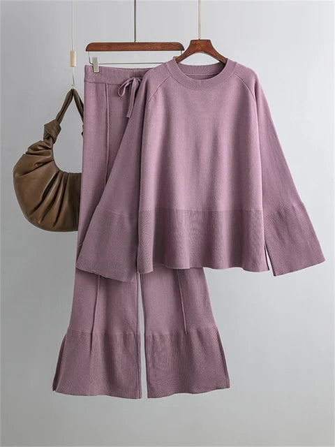 Losse Casual Ladies Two Piece Sets Knitwear Oversized Sweater And Flared Pants Sets Women Knit Tracksuit Sweater Outfits