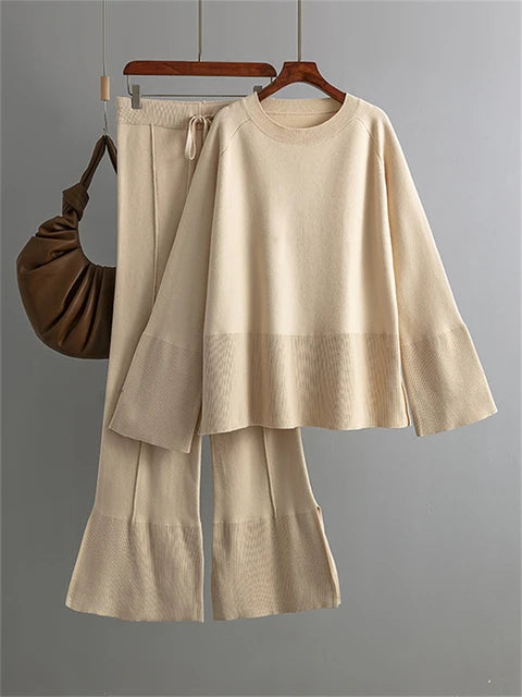Losse Casual Ladies Two Piece Sets Knitwear Oversized Sweater And Flared Pants Sets Women Knit Tracksuit Sweater Outfits