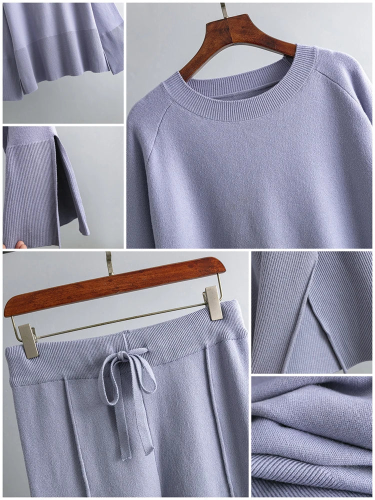 Losse Casual Ladies Two Piece Sets Knitwear Oversized Sweater And Flared Pants Sets Women Knit Tracksuit Sweater Outfits