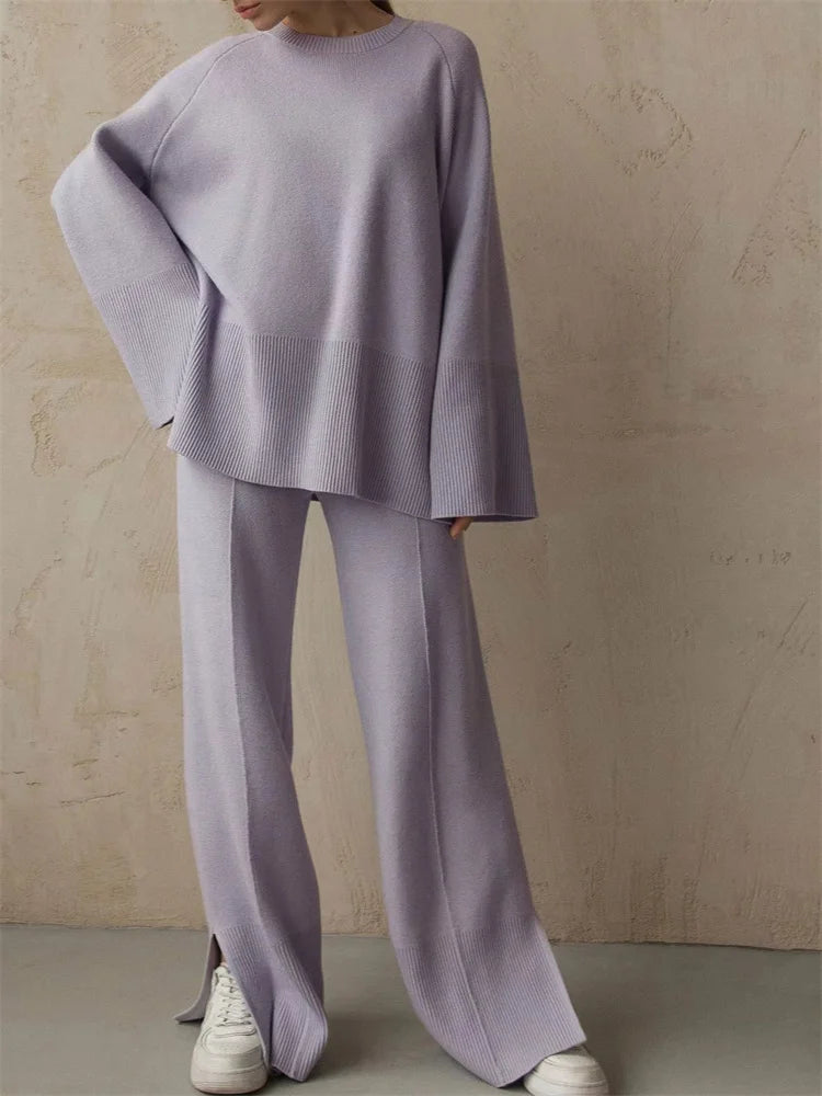 Losse Casual Ladies Two Piece Sets Knitwear Oversized Sweater And Flared Pants Sets Women Knit Tracksuit Sweater Outfits