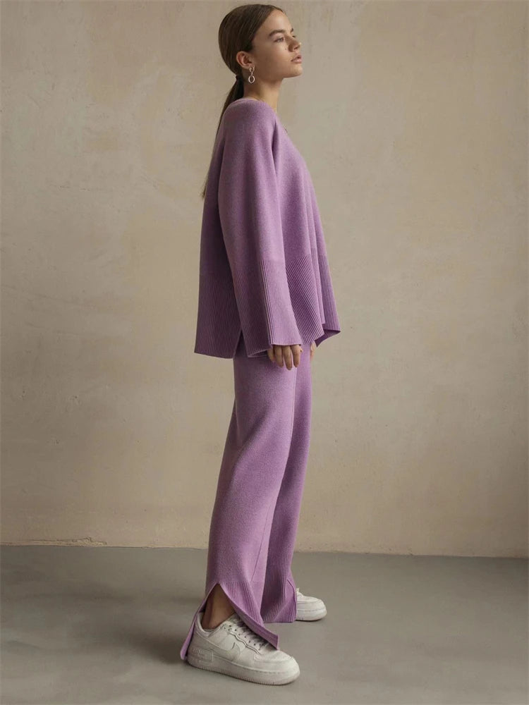Losse Casual Ladies Two Piece Sets Knitwear Oversized Sweater And Flared Pants Sets Women Knit Tracksuit Sweater Outfits