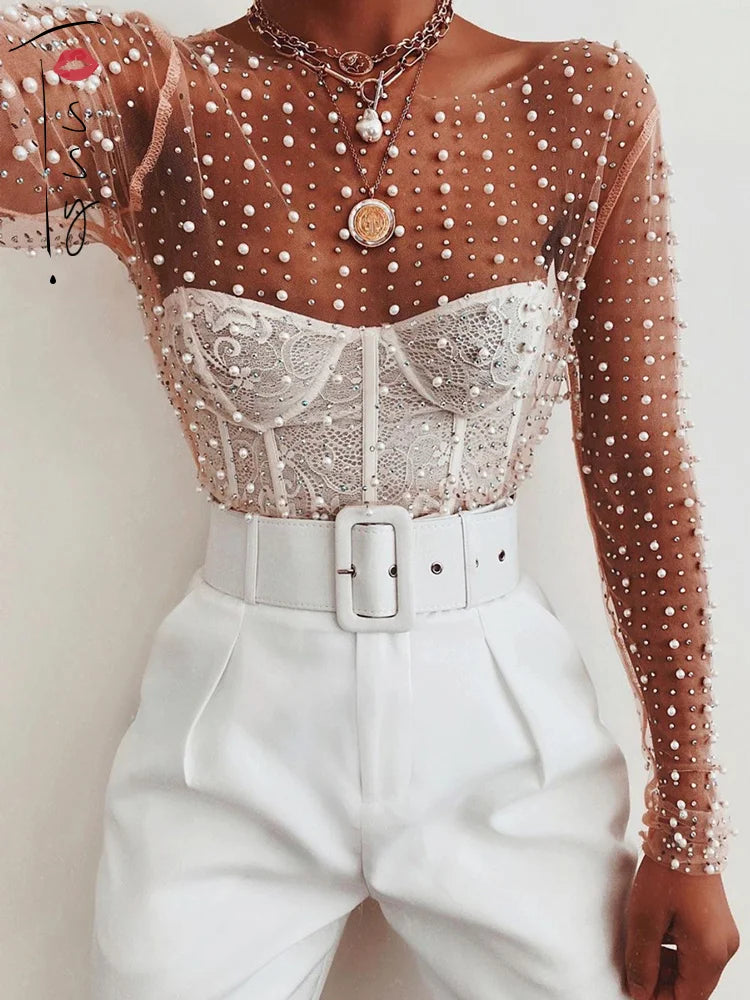 Luxury Crystal Sexy See Through Long Sleeve T-shirt Lace Night Party Club Cropped Top Lady Fashion Balck Streetwear 2025