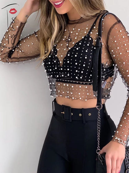 Luxury Crystal Sexy See Through Long Sleeve T-shirt Lace Night Party Club Cropped Top Lady Fashion Balck Streetwear 2025
