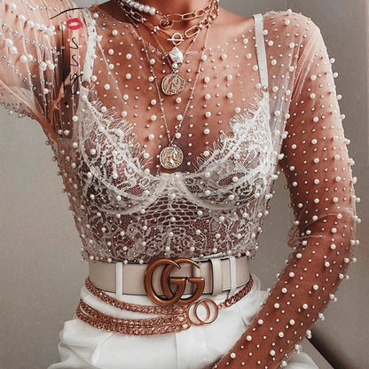 Luxury Crystal Sexy See Through Long Sleeve T-shirt Lace Night Party Club Cropped Top Lady Fashion Balck Streetwear 2025