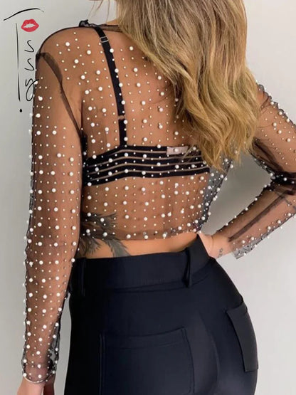 Luxury Crystal Sexy See Through Long Sleeve T-shirt Lace Night Party Club Cropped Top Lady Fashion Balck Streetwear 2025