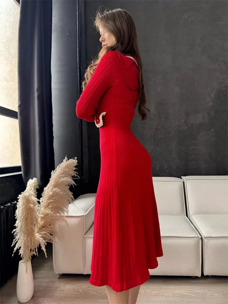 Vestido largo elegante de lujo para mujer, de punto con bolsillos, acanalado, con retazos, de cintura alta, ajustado, para fiesta y otoño.