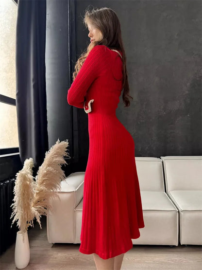 Vestido largo elegante de lujo para mujer, de punto con bolsillos, acanalado, con retazos, de cintura alta, ajustado, para fiesta y otoño.