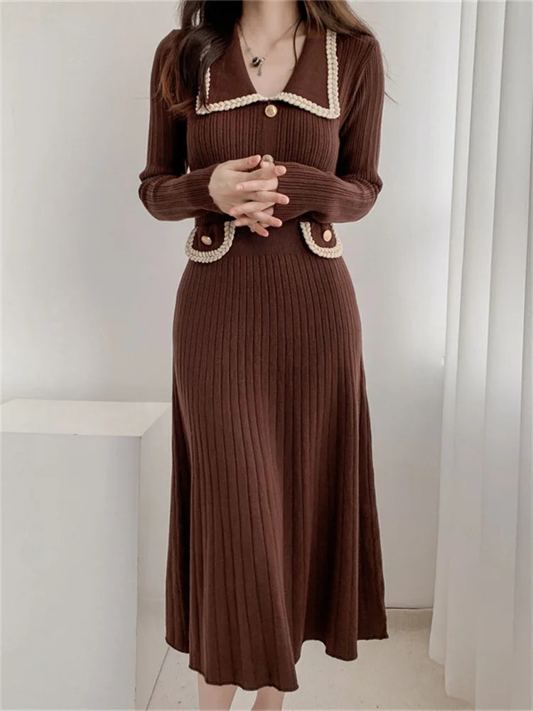 Vestido largo elegante de lujo para mujer, de punto con bolsillos, acanalado, con retazos, de cintura alta, ajustado, para fiesta y otoño.
