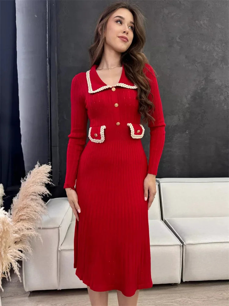 Vestido largo elegante de lujo para mujer, de punto con bolsillos, acanalado, con retazos, de cintura alta, ajustado, para fiesta y otoño.