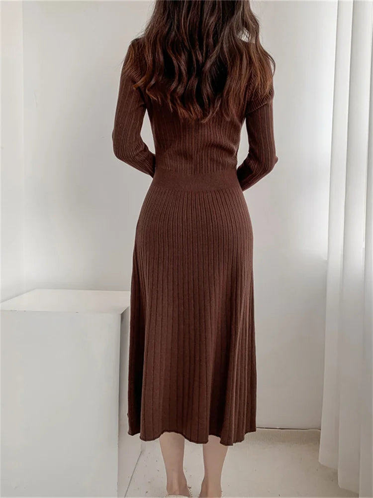 Vestido largo elegante de lujo para mujer, de punto con bolsillos, acanalado, con retazos, de cintura alta, ajustado, para fiesta y otoño.