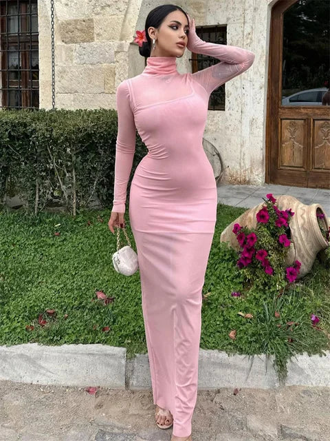 Conjunto de dos piezas de malla para mujer, vestido mini transparente, ajustado, sexy, de moda, de manga larga, con retazos, otoño 2025